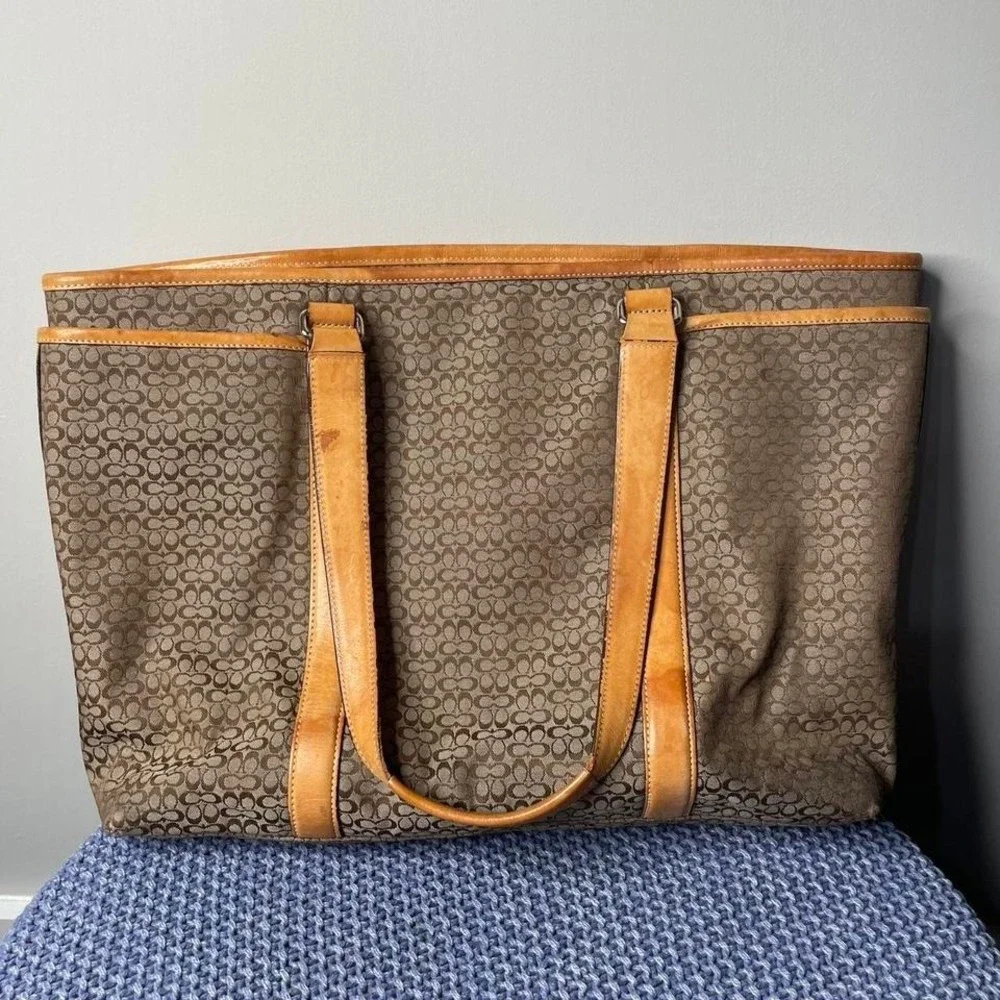 Coach brown canvas tote bag with leather trim‎
